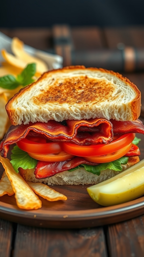 A classic BLT sandwich with bacon, lettuce, and tomato on toasted bread, served with potato chips.